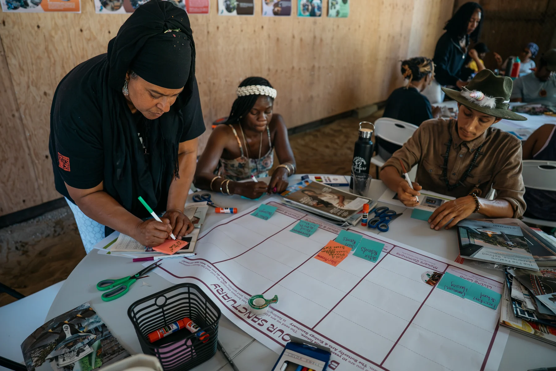 Participants write notes and arrange photographs around a large planning board for the sanctuary.