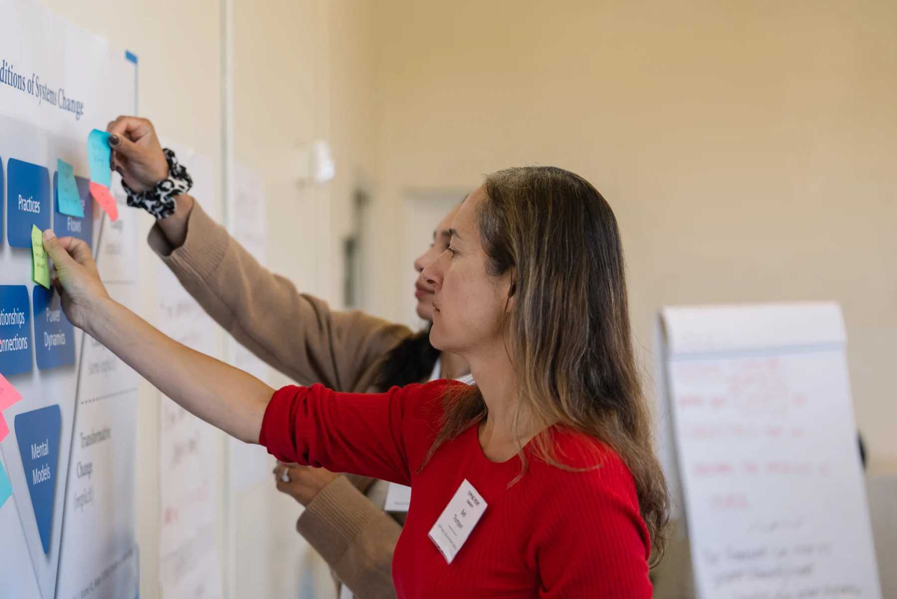 Two participants adding colorful sticky notes to a workshop display.